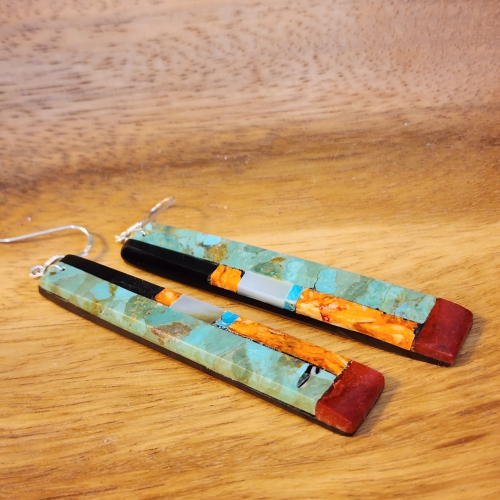 Native American Multi Stone Inlay Drop Earrings - Picture 15 of 15